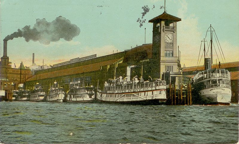 Steamboats at Colman Dock, Seattle, circa 1912: Indianapolis is the large steamer on the right.