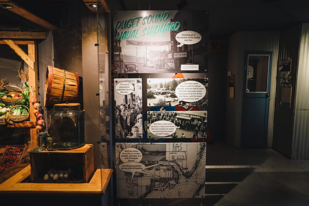 The Puget Sound Naval Shipyard portal of the Kitsap Timeline gallery, with World War II photographs and a strawberry farm stand