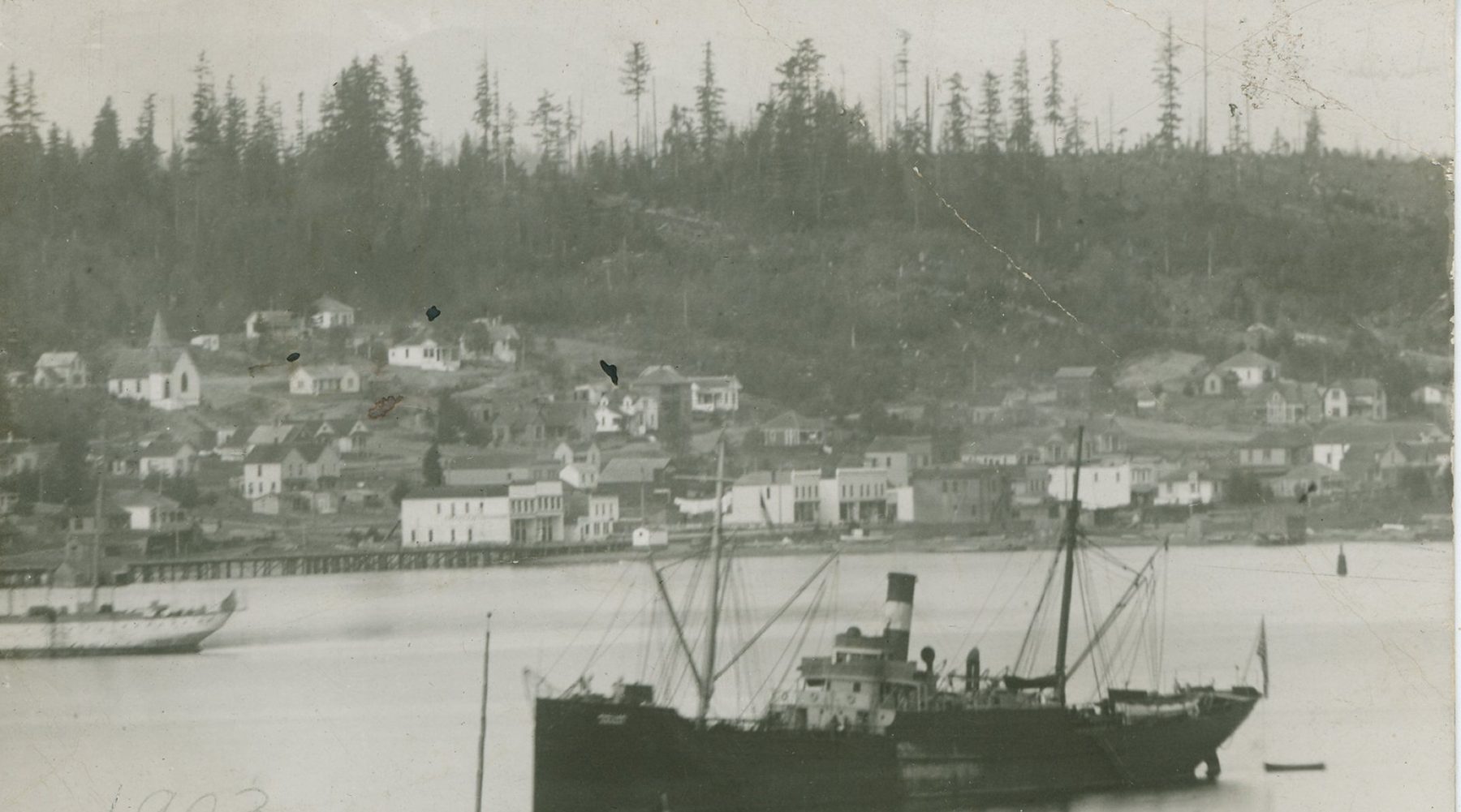 Charleston's waterfront and hillside houses seen across the water, with a steamer in the foreground