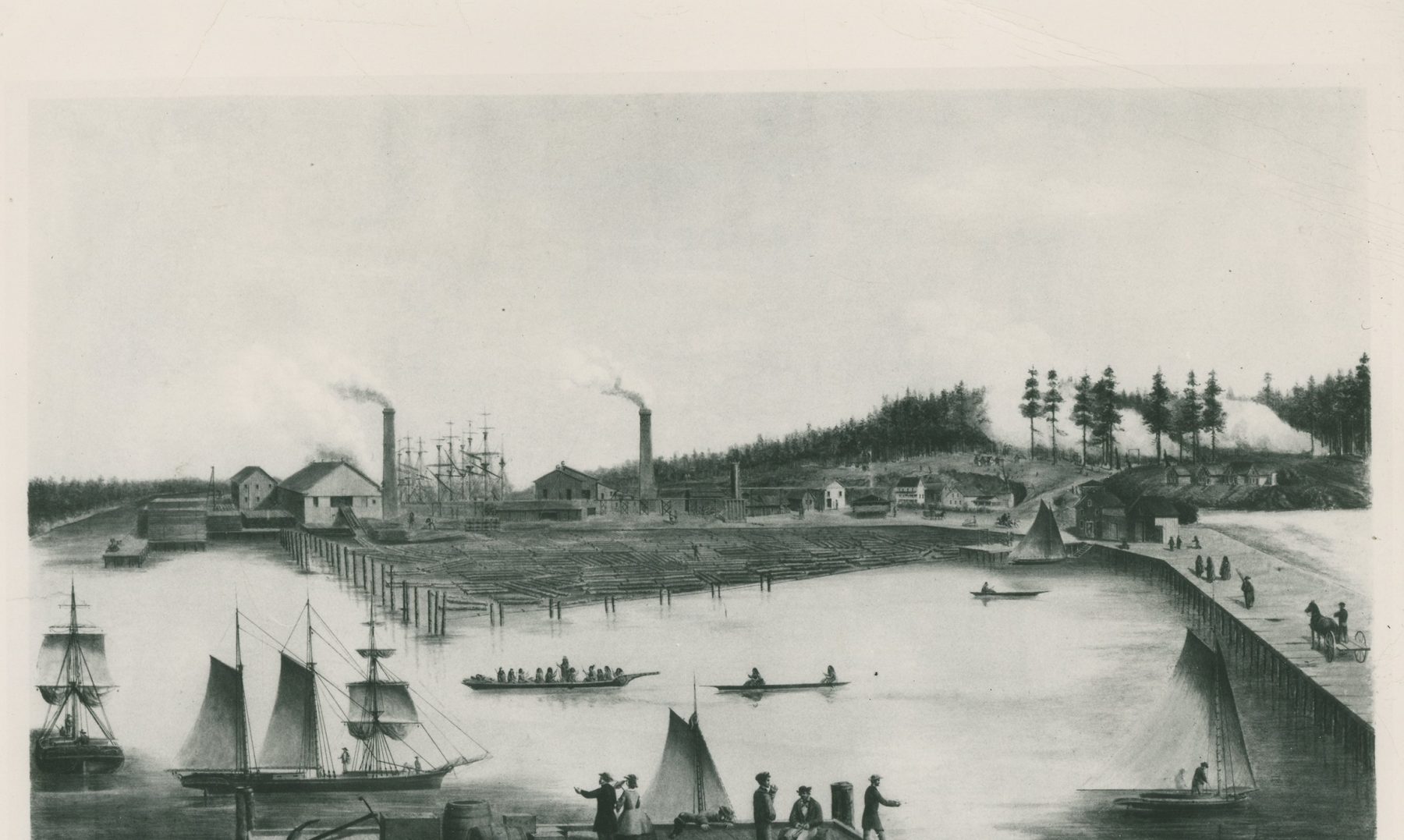 Lithograph of the Puget Mill Company sawmills at Teekalet, with sailing ships and canoes in the harbor