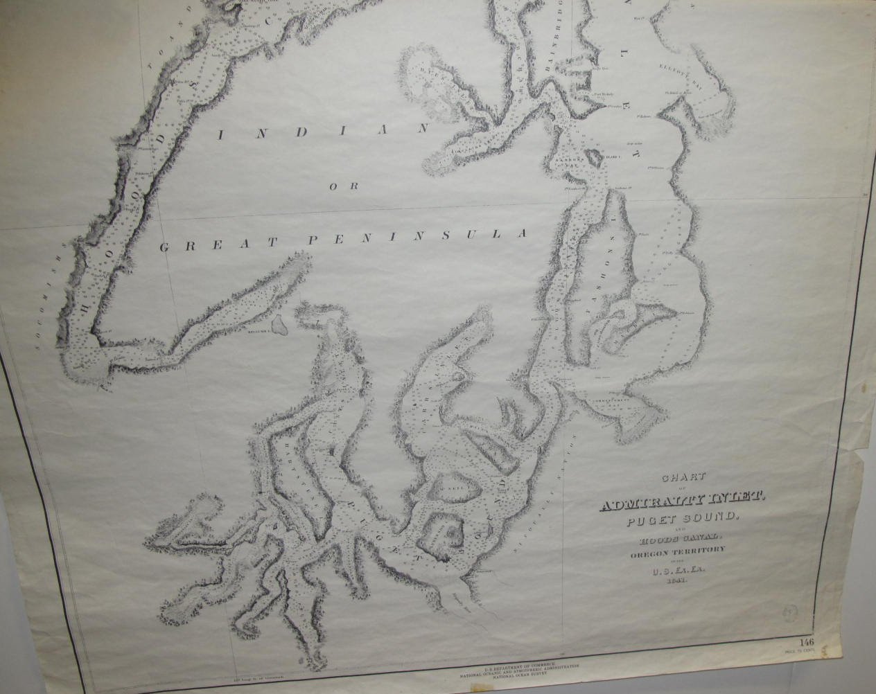 Wilkes Expedition chart of 1841 showing Hood’s Canal, Bainbridge Island, Port Orchard and the Kitsap Peninsula, labeled Indian or Great Peninsula